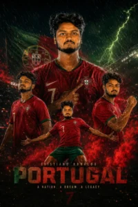 Dramatic Rain and Fire Portugal Football Movie Poster AI Prompt