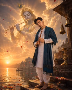 Man with a flute at riverside sunrise using Krishna AI prompts