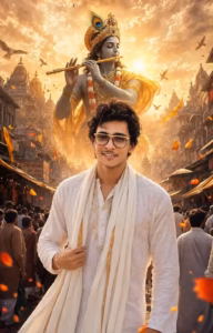 Krishna AI Prompts showing a viral poster style on a city street sunset