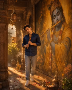 Young man in an ancient temple corridor created via Krishna AI prompts
