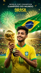 World Cup champion holding golden trophy via Brazil Football AI Prompts