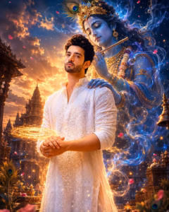 elestial background portrait design with Krishna AI prompts