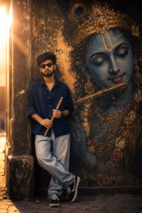 Lord Krishna AI Photo Editing Prompts with a full body portrait in a 90s film look