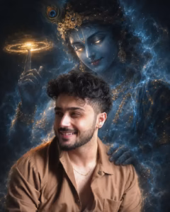 Transparent celestial god blessing a man in a deep spiritual mood