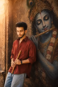 Man wearing a casual red shirt standing next to a massive wall painting
