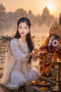 Devotee offering flowers beside a holy river ghat created with Jagannath AI Photo Prompts