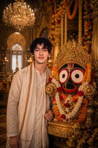 A man standing inside a luxurious traditional royal temple with golden pillars and chandeliers