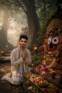 A devotee praying before a peaceful forest shrine surrounded by ancient trees and morning fog