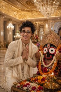 A young man posing inside a modern luxury marble temple with crystal chandeliers
