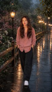 High quality aesthetic rain walk lifestyle portrait created with Rainy AI Photo Prompts