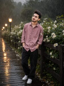 Cinematic rainy portrait beside a wooden fence with white flowers using Rainy AI Photo Prompts
