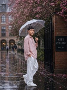 A person holding a transparent umbrella outside a college campus on a rainy day