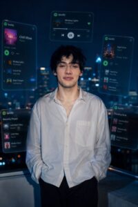 Cinematic rooftop night portrait with blurred city bokeh and music widgets