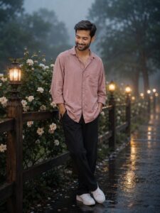 Realistic misty park portrait with warm lanterns and white roses using Rainy AI Photo Prompts