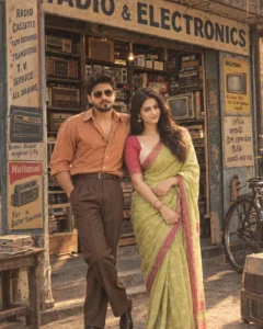 retro radio electronics shop 80s indian couple prompt