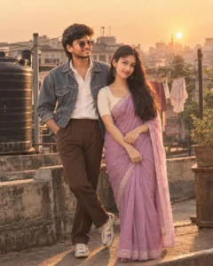 sunset rooftop vintage 80s indian couple prompt