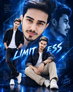 Blue neon editorial portrait poster