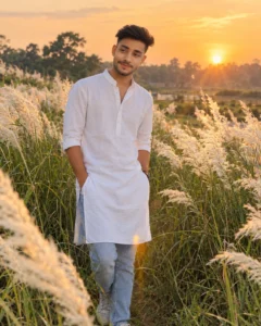 Golden hour portrait surrounded by white flowers