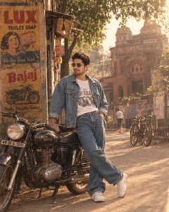 full body retro magazine cover style portrait of boy