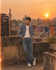 90s indian retro ai prompts rooftop sunset golden hour
