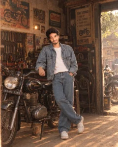 man posing inside vintage motorcycle mechanic garage