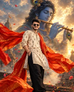 Cinematic devotional portrait with a blue Krishna figure holding a flute and peacock feather