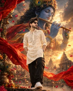 Premium Janmashtami poster with a Krishna flute figure and flowing red-orange silk fabric
