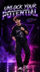 Man wearing an oversized black graphic T-shirt with purple neon lighting and geometric lines