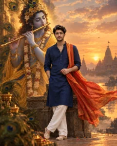 Krishna-inspired devotional portrait with a golden sunset and temple background