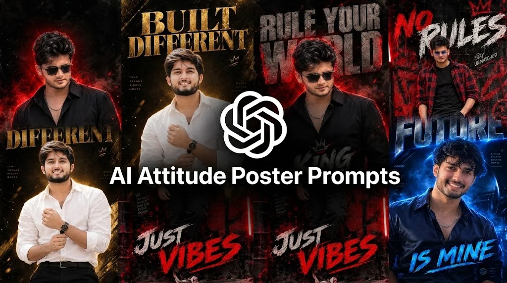 AI attitude poster designs featuring cinematic portraits, bold typography, and red, gold, and blue lighting