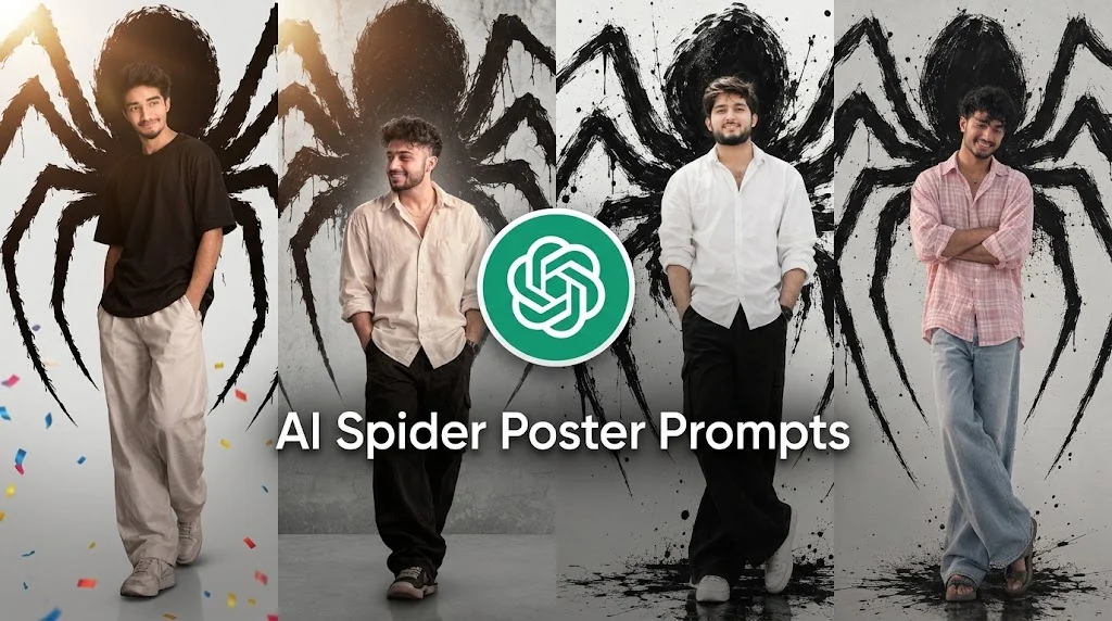 AI Spider Poster Prompts featuring a dark cinematic spider poster with dramatic red lighting