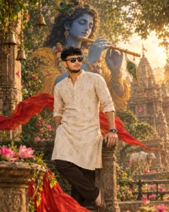 Vrindavan-inspired portrait with Krishna playing a flute near traditional temple architecture