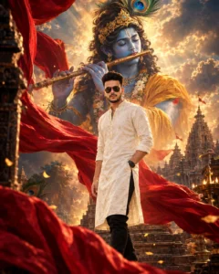 Royal Krishna-inspired poster with crimson red fabric and a blue flute-playing figure