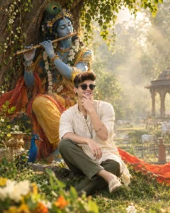 Krishna-inspired flute scene in a green natural setting with soft morning sunlight
