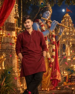 Janmashtami night poster with a Krishna flute figure, glowing diyas, and temple lights