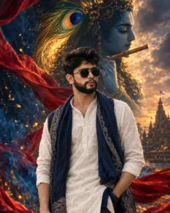 Artistic Krishna-inspired portrait with a large peacock feather and wooden flute