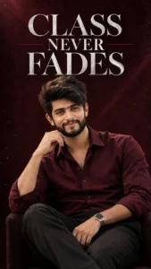 Man wearing a burgundy dress shirt against a dark maroon editorial background