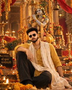Temple celebration portrait with Krishna statue, glowing diyas, and marigold flowers