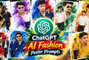 Artistic fashion poster with colorful watercolor splashes and modern outfits