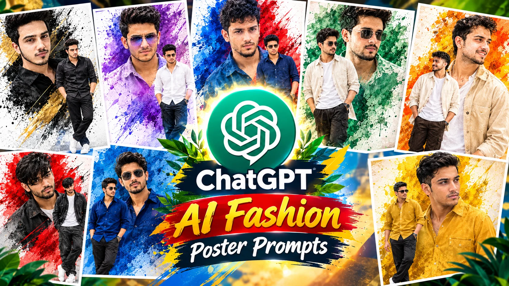 Artistic fashion poster with colorful watercolor splashes and modern outfits