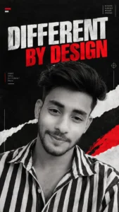 Man in a black and white striped shirt with torn paper textures and red graphic accents