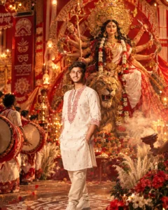 Durga Puja Poster Prompts featuring a traditional Bengali pandal design