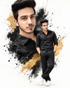 Black satin shirt portrait with elegant gold watercolor strokes and ink splashes