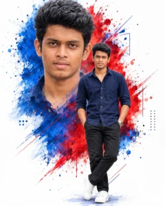 Contemporary fashion poster with blue and red paint effects