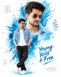 Modern cyan blue fashion poster with a denim outfit