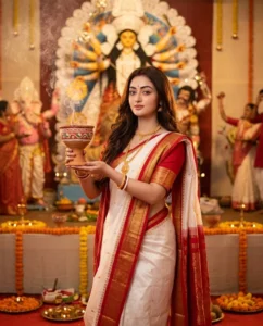 Navratri AI Photo Prompts featuring a traditional dhunuchi dance at a festive pandal