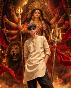 Durga Puja Poster Prompts featuring a divine trishul and golden lighting