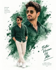 Man wearing an emerald green shirt with green watercolor artwork