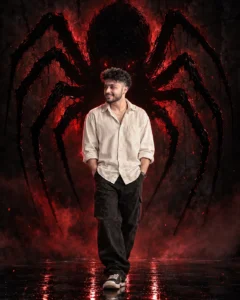 Man wearing a cream oversized shirt beneath a giant spider shadow in a dark cinematic setting