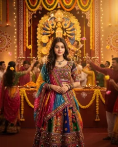 Colorful traditional Indian outfit at a grand Navratri celebration with festive lights